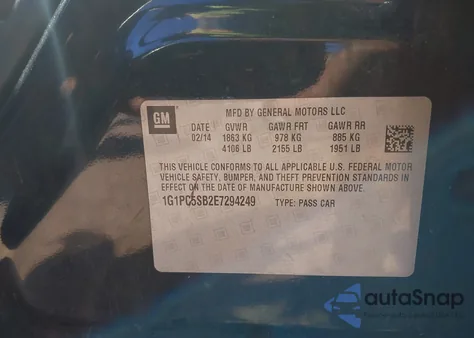 2014 Chevrolet Cruze 1Lt Auto из США, поврежденный, VIN 1G1PC5SB2E7294249